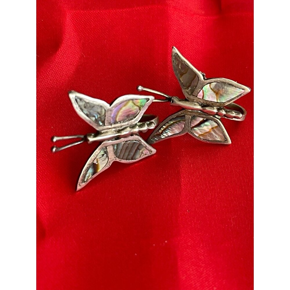 Early Mexican Silver Inlaid Abalone Butterfly Earrings Screwback Signed JBF